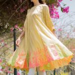 Yellow Cotton Printed Flared Cut Frock