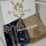 3 pc , Navy blue Heavily embroidered chiffon shirt with embroidered chiffon Dupatta paired with Viscose Silk