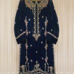 3 pc , Navy blue Heavily embroidered chiffon shirt with embroidered chiffon Dupatta paired with Viscose Silk2