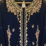 3 pc , Navy blue Heavily embroidered chiffon shirt with embroidered chiffon Dupatta paired with Viscose Silk3